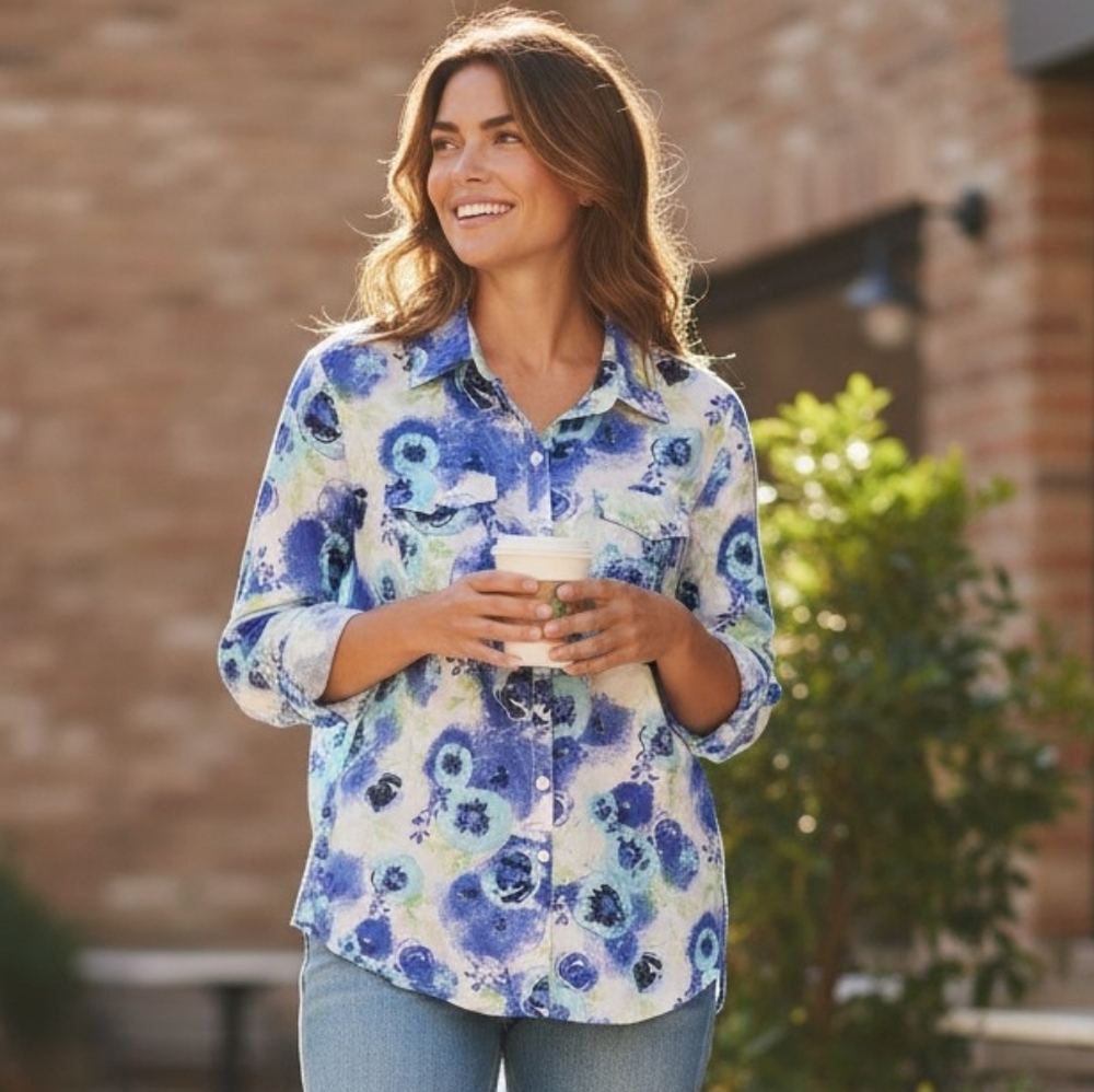 Cotton Relativity Blue and Aqua Floral Button-Down Shirt